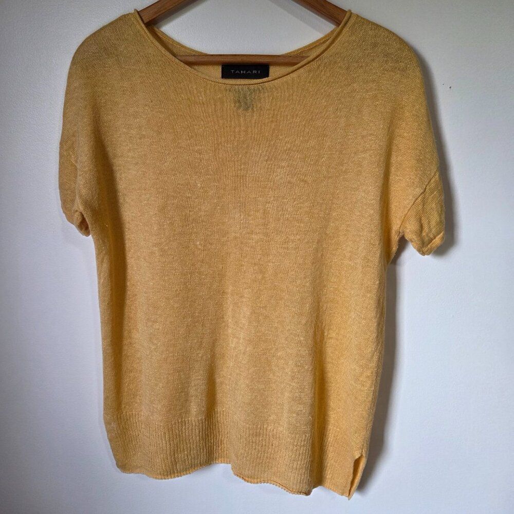 EUC TAHARI YELLOW MUSTARD BOATNECK LINEN TOP SIZE SMALL